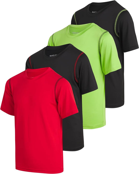 Boys Active Shirt - 4 Pack Athletic Performance Dry Fit Youth Shirt for Boys - Short Sleeve Kids Tshirts