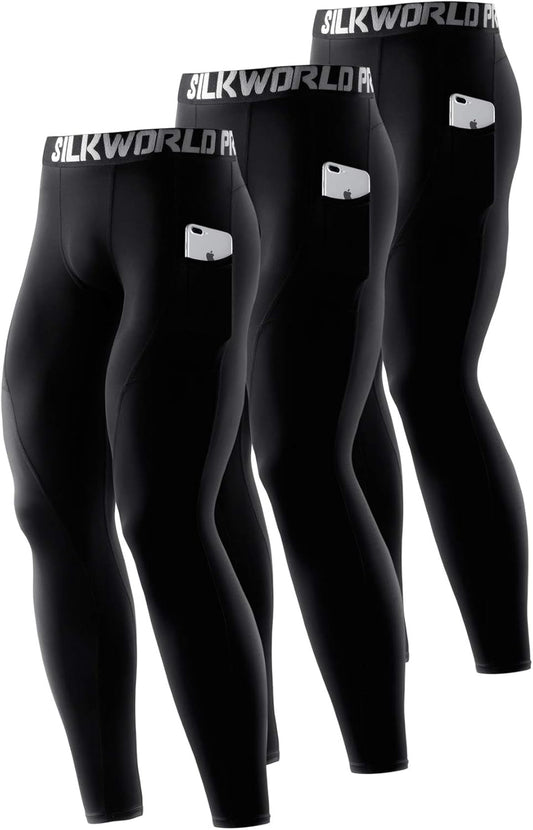 Men'S 1~3 Pack Compression Pants Pockets Cool Dry Gym Leggings Baselayer Running Tights