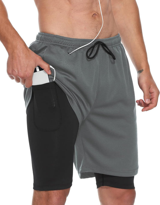 Men'S Outdoor 2 in 1 Running Shorts Quick Dry Workout Gym Athletic Training Shorts with Phone Pocket