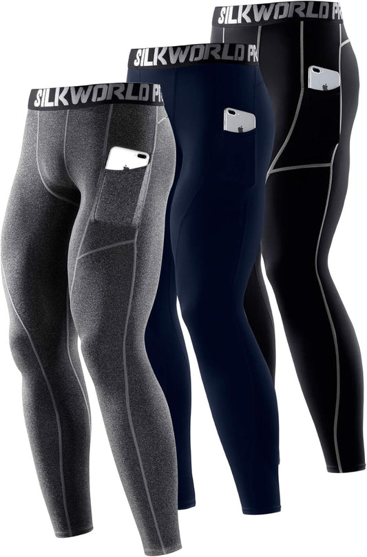 Men'S 1~3 Pack Compression Pants Pockets Cool Dry Gym Leggings Baselayer Running Tights
