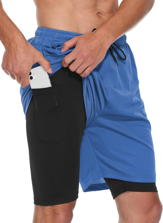 Mens 2 in 1 Running Shorts Summer Training Gym Quick Dry Workout Shorts with Pocket&Headphone Hole