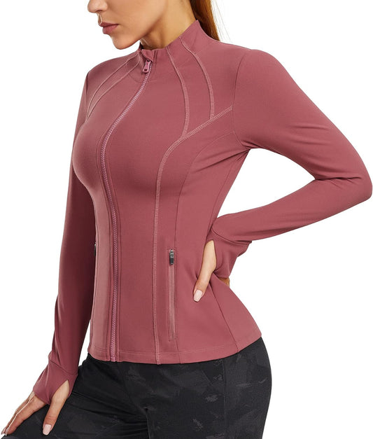 Women'S Sports Jacket Full Zip Workout Running Jacket Slim Fit Long Sleeve Yoga Track Jacket with Thumb Holes (Pink, Medium, M)
